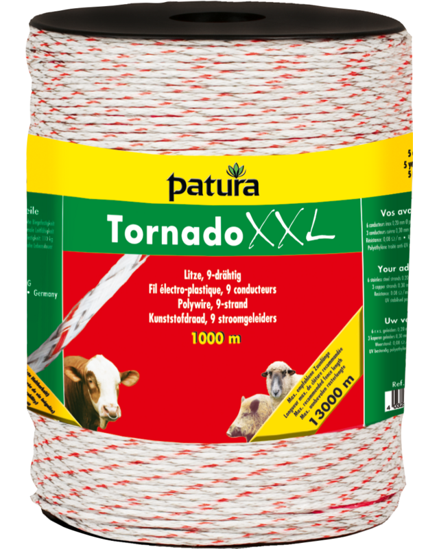 Patura Tornado XXL kunststofdraad, 1000 m rol gevl. kunststofdraad, wit-rood 6 r.v.s. geleiders 0,20 mm, 3 koperen gel.0,30 mm