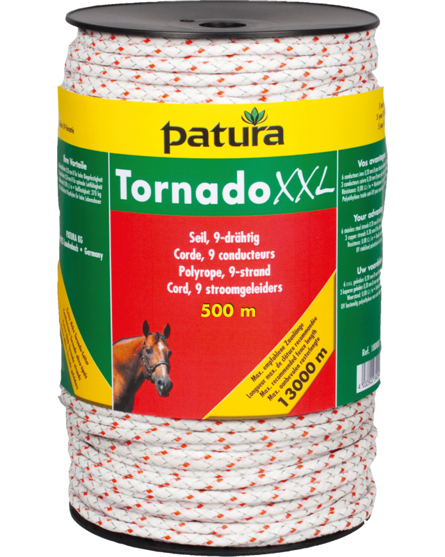 Patura Tornado XXL cord, 500 m rol 6 rvs 0,20 mm, 3 koper 0,30 mm, wit-rood