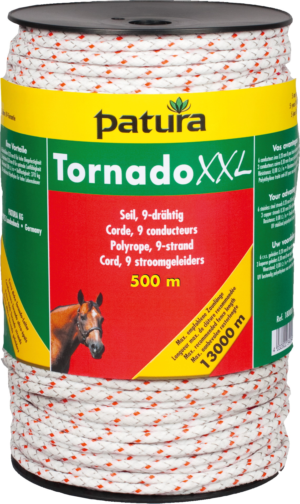 Patura Tornado XXL cord, 500 m rol 6 rvs 0,20 mm, 3 koper 0,30 mm, wit-rood