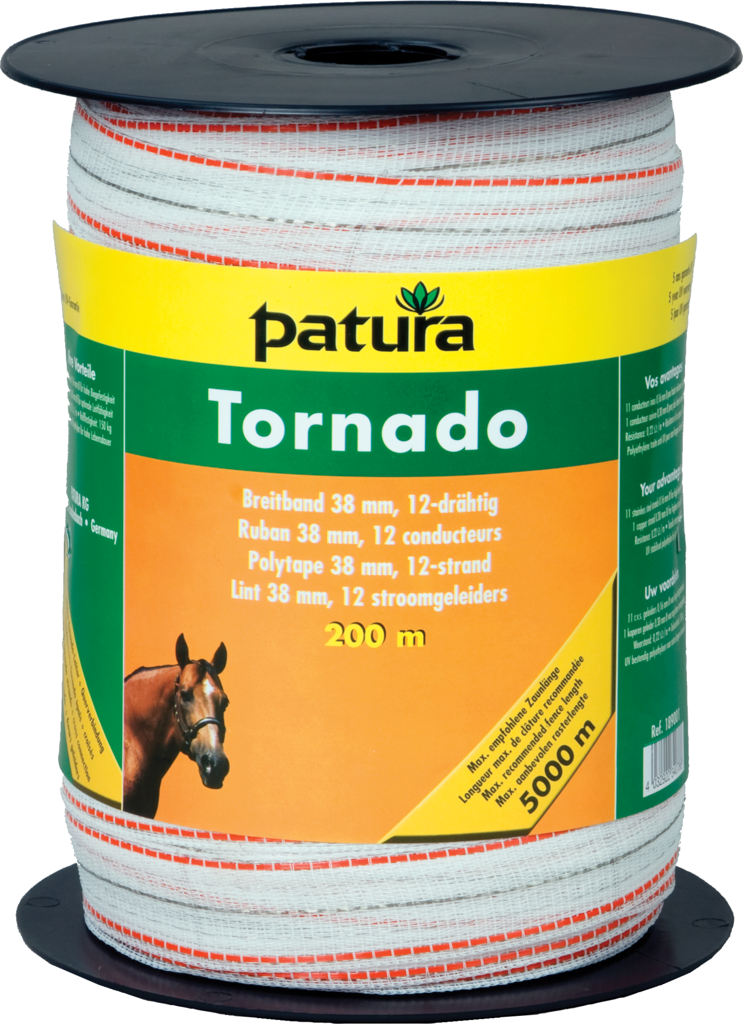 Patura Tornado lint 12,5mm wit/oranje 200m rol