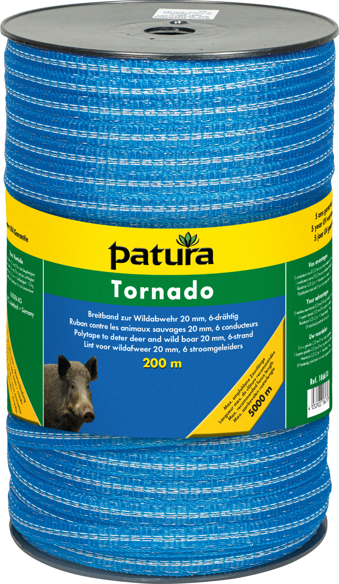 Patura Tornado Polytape 20 mm, 200 m spool 5 stainless steel 0.20 mm, 1 copper 0.30 mm, blue