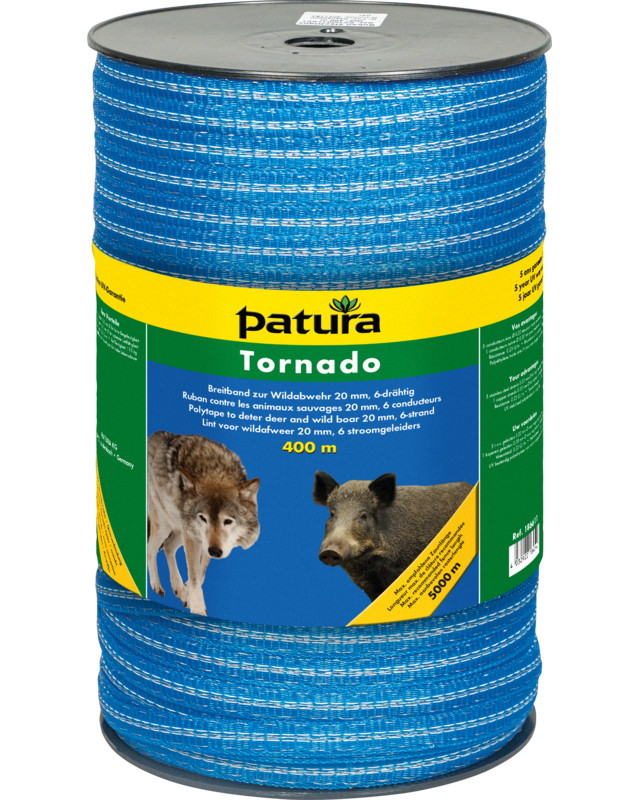 Patura Tornado Polytape 20 mm, 400 m spool 5 stainless steel 0.20 mm, 1 copper 0.30 mm, blue