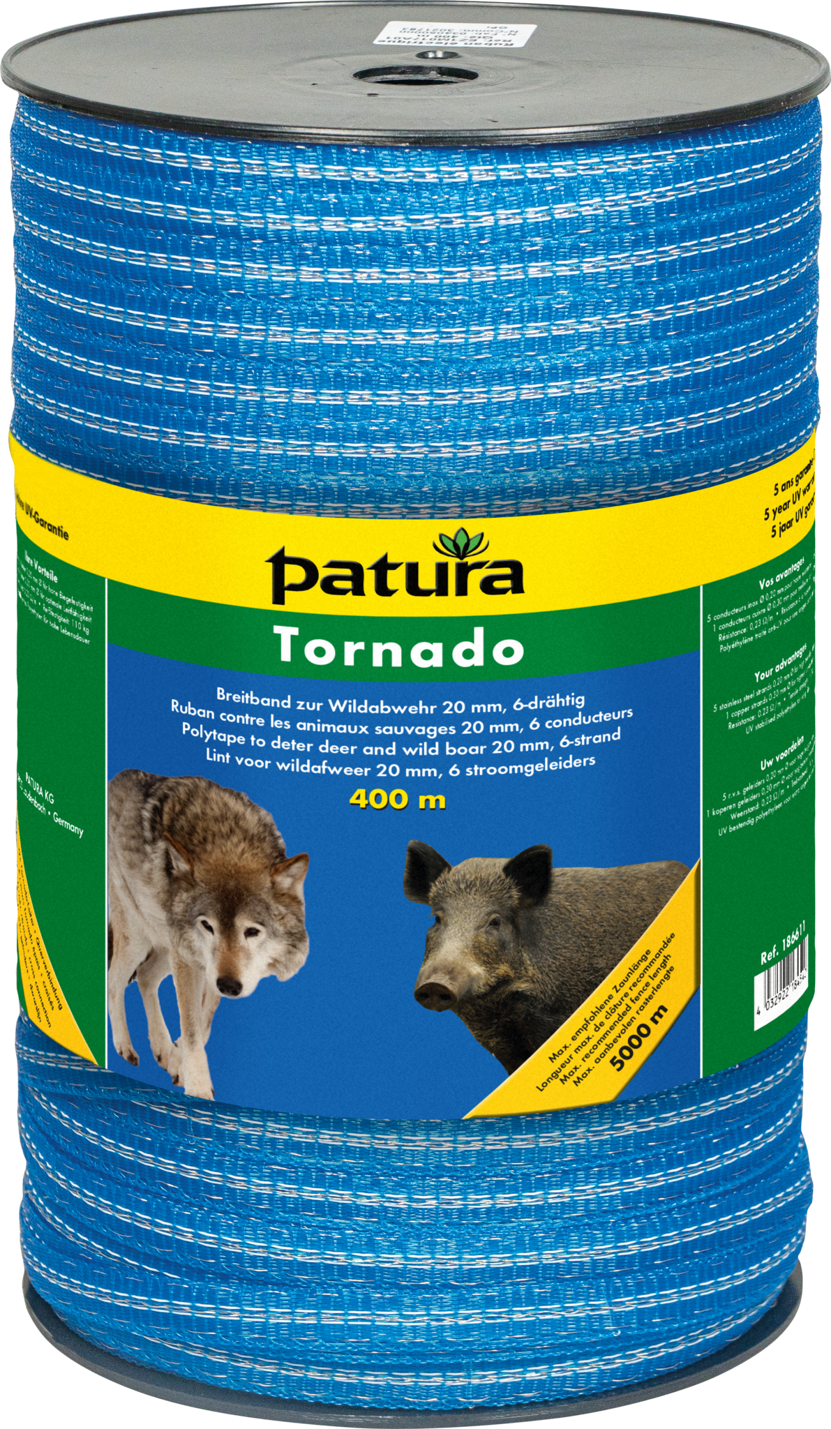 Patura Tornado Polytape 20 mm, 400 m spool 5 stainless steel 0.20 mm, 1 copper 0.30 mm, blue