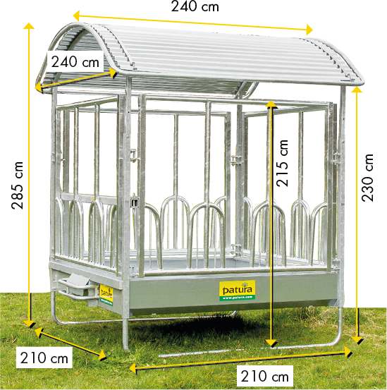Patura Professionele vierkante ruif met Universeel  voerhek en dak 2,00 x 2,05 m