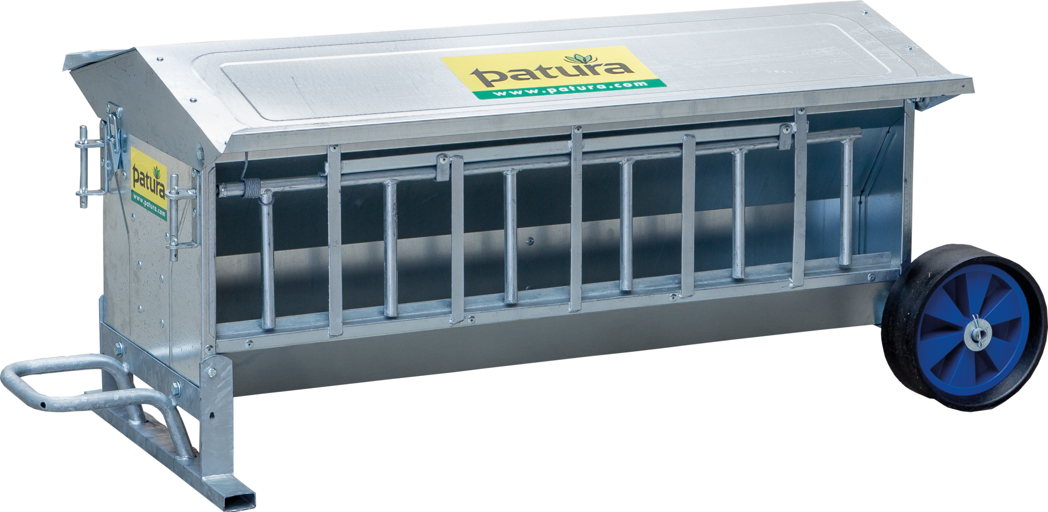 Patura Voerautomat voor lammeren, L=1,25 m rijbar, Inhoud: ca. 120 l met dak, verzinkt