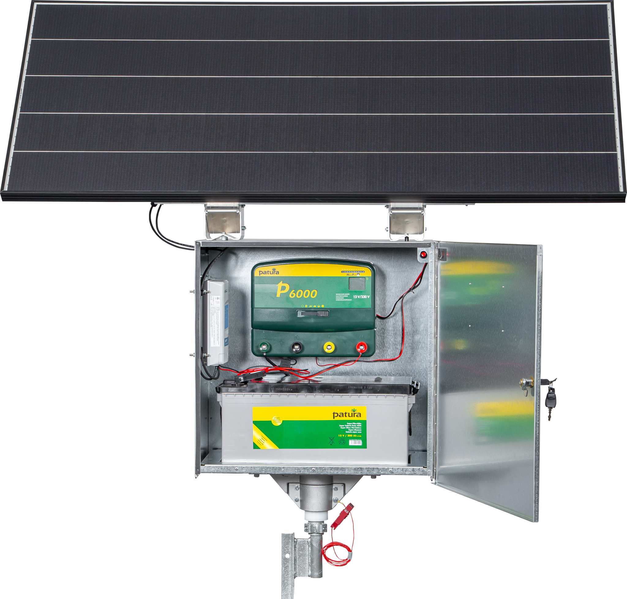 Patura P6000 with Safety Box XL, Solar Panel 200 W, super glass mat battery 200 Ah, earth stake + stabilisation foot