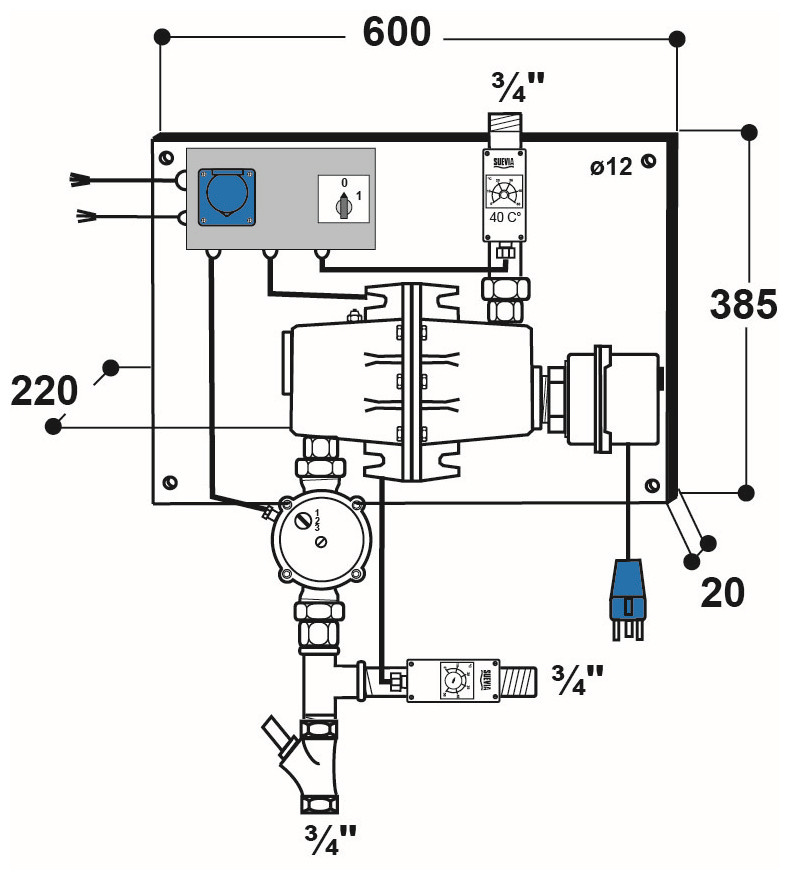 Patura Rondpompverwarmingsysteem mod. 317 met terugloop temperatuurregeling 230 Volt, 3000 Watt