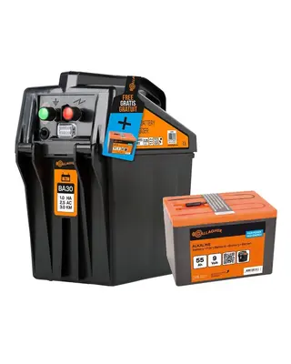 BA30 9V batterij schrikdraadapparaat (0,25J - 9V/12V) met gratis 55Ah batterij