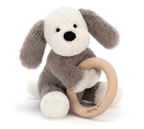 Jellycat Knuffel Rammelaar Hond Shooshu Puppy Wooden Ring Toy Jellycat Knuffel Rammelaar Hond Shooshu Puppy Wooden Ring Toy