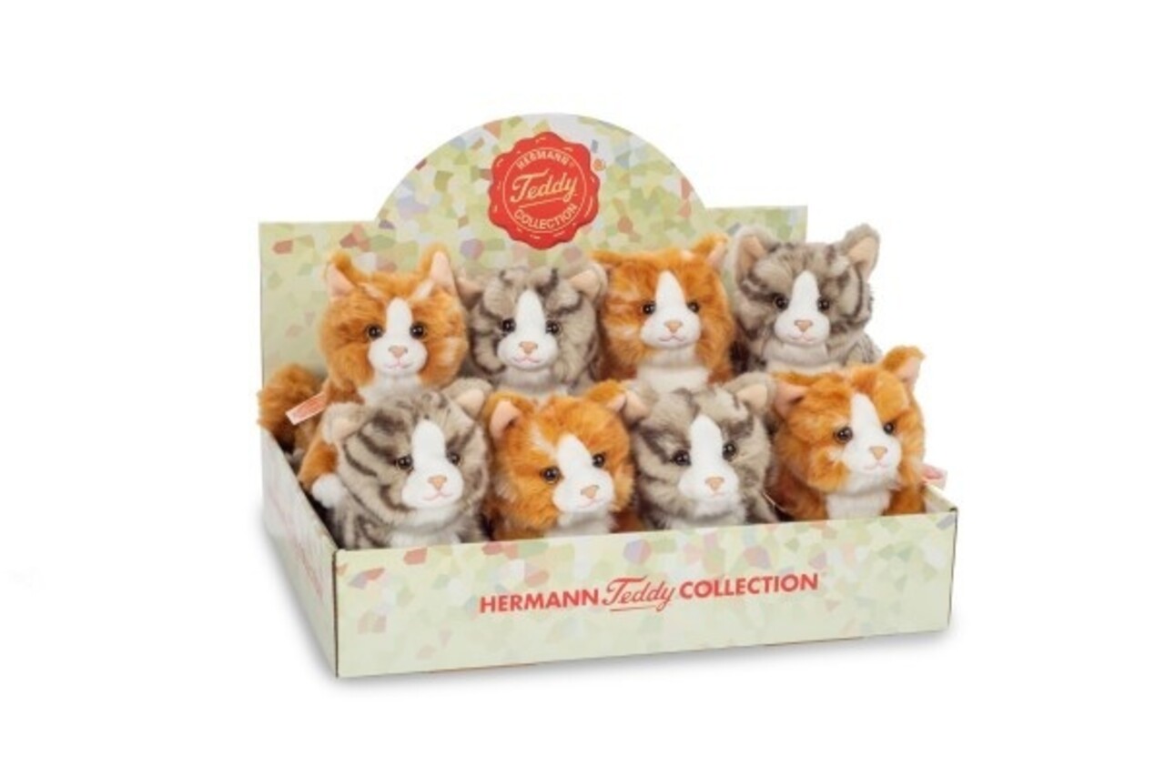 Hermann teddy Knuffel Kat Getijgerd Rood of Grijs 18cm