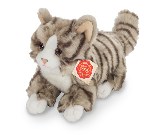 Hermann Teddy Knuffel Kat Getijgerd Rood of Grijs 18cm