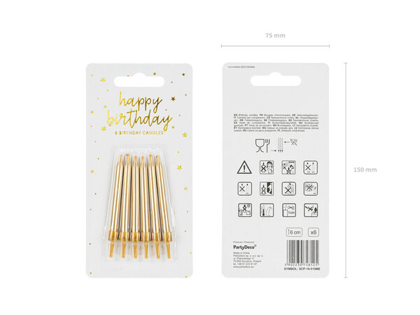 PartyDeco Taartkaarsjes goud (6 st 6 cm)