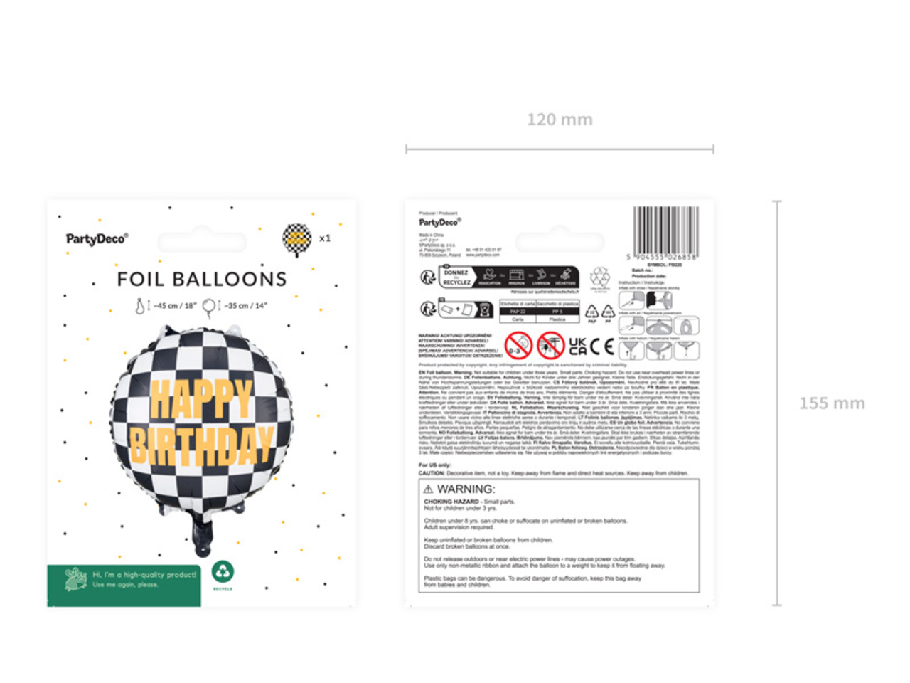 PartyDeco Folieballon Geblokte Vlag Happy Birthday (45 cm) PartyDeco Folieballon Geblokte Vlag Happy Birthday (45 cm)