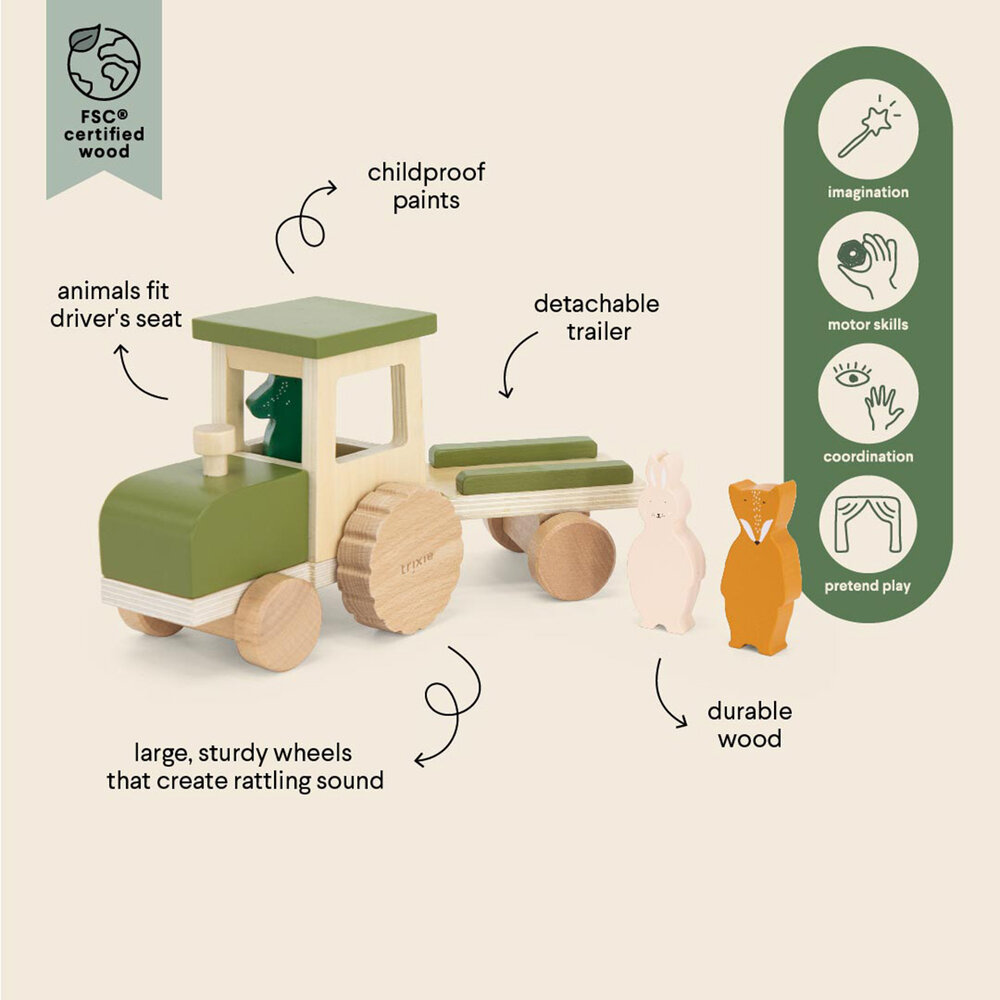 Trixie Houten tractor met aanhangwagen
