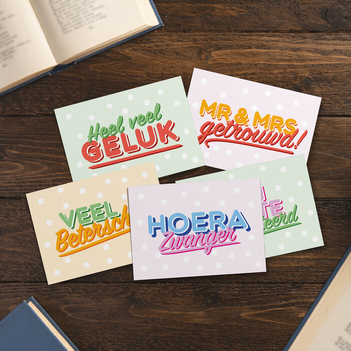 Ansichtkaarten kleurrijke tekst bundel A6