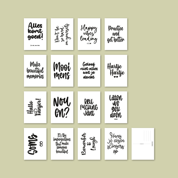 Kaarten set met quotes – 16 stuks - mini posters - wenskaarten