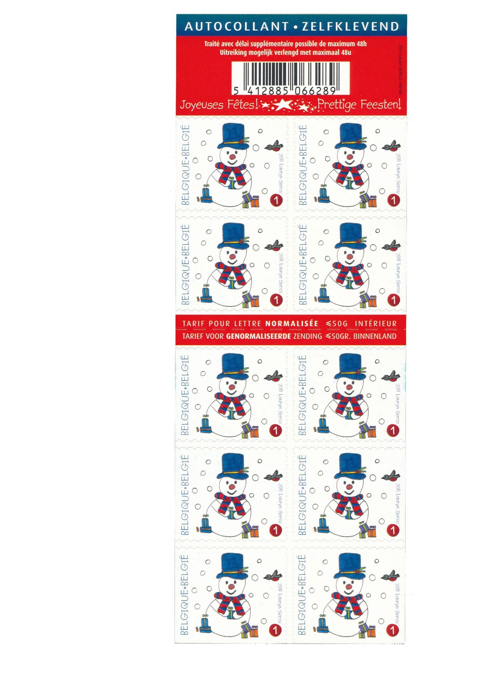 10 timbres Noël - Bonhomme de neige - Tarif 1, Belgique
