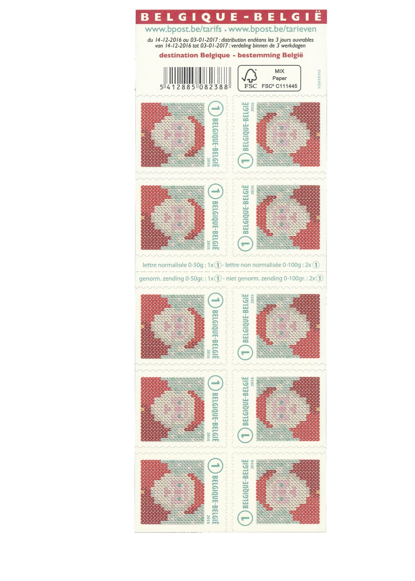 10 timbres Noël - Père Noël - Tarif 1, Belgique