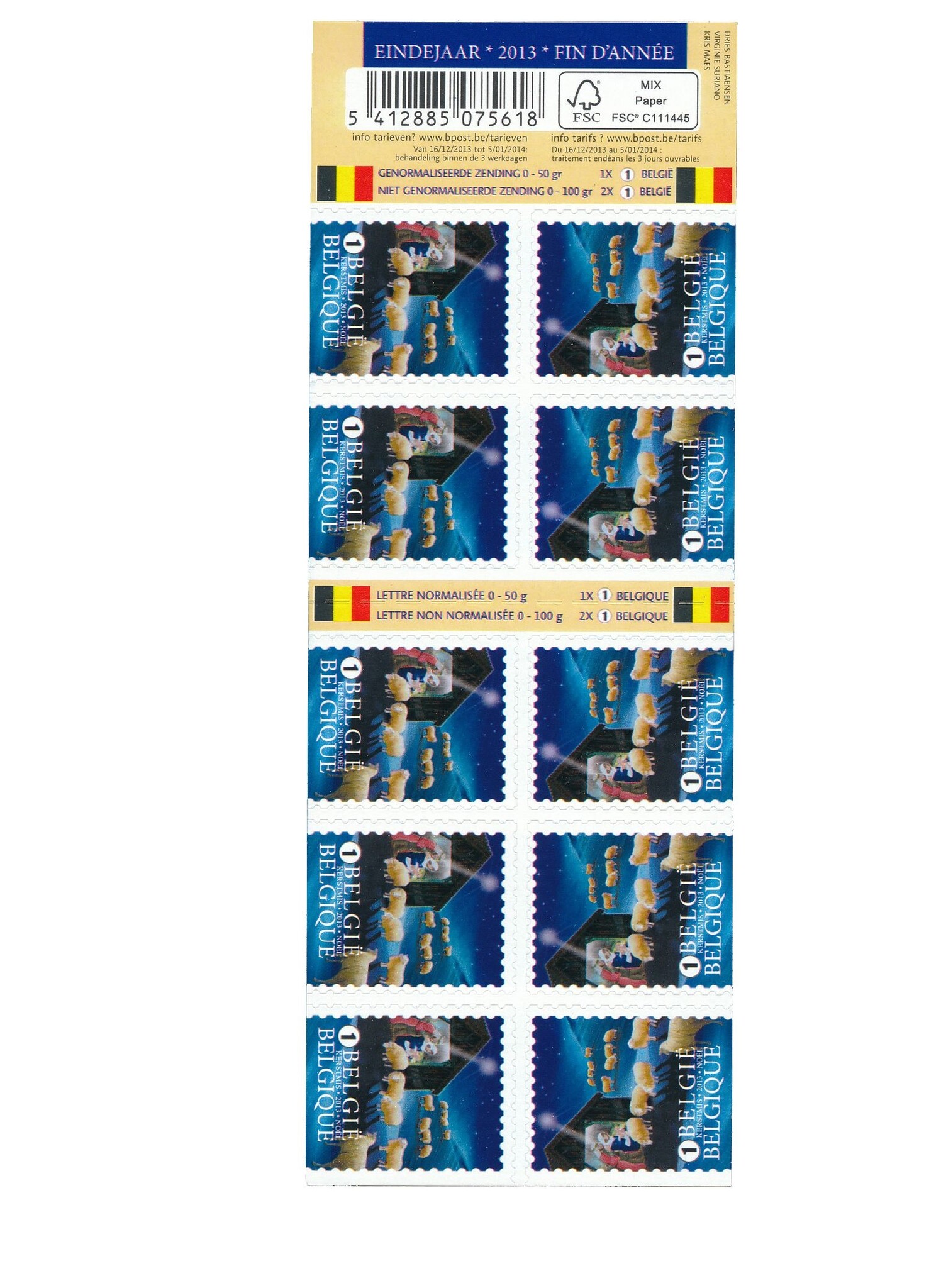 Thema KERST kerststal 10 zelfklevende zegels Tarief 1 BE