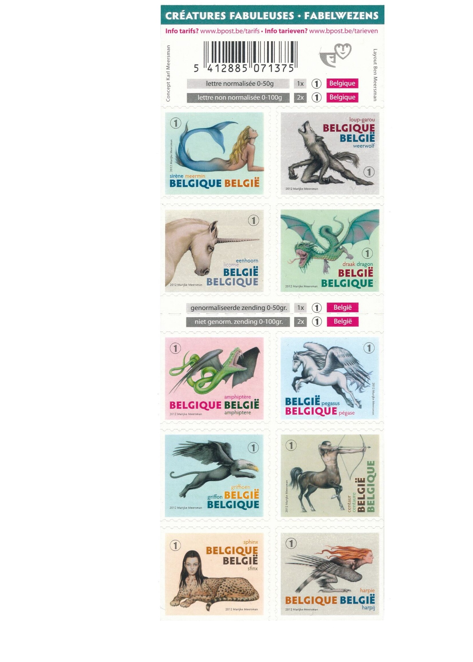 Thème Animaux 2 - Carnet de 10 timbres autocollants - Tarif 1, Belgique