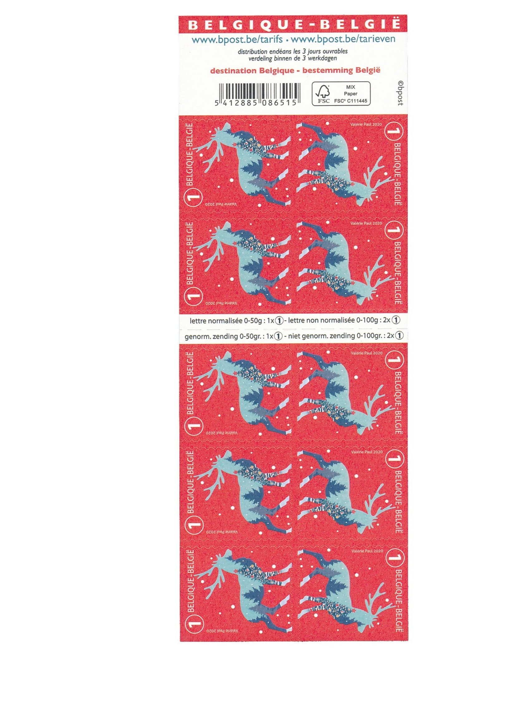 10 timbres Noël - Caribou - Tarif 1, Belgique