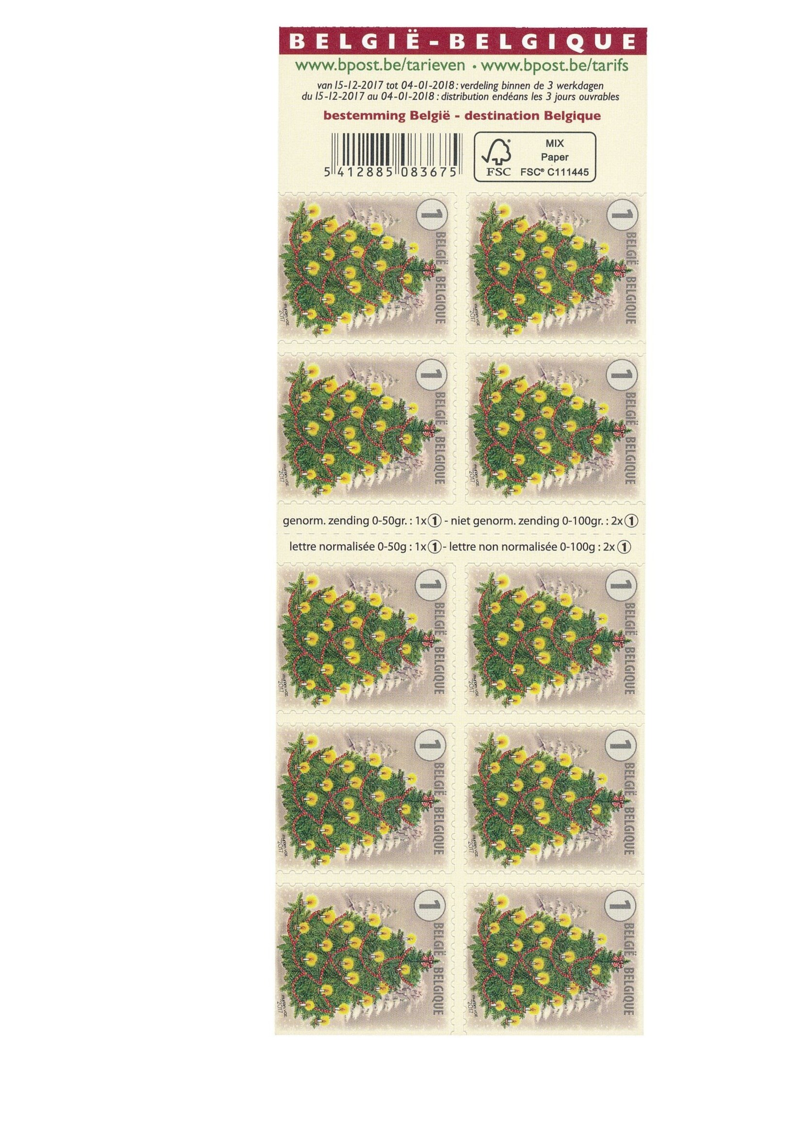 10 timbres Noël - Sapin dans la neige - Tarif 1, Belgique