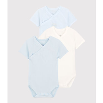 Petit Bateau Set van 3 Cross-Over Rompertjes - Korte Mouw - Biologisch Katoen - Wit/Blauw - Prematuur