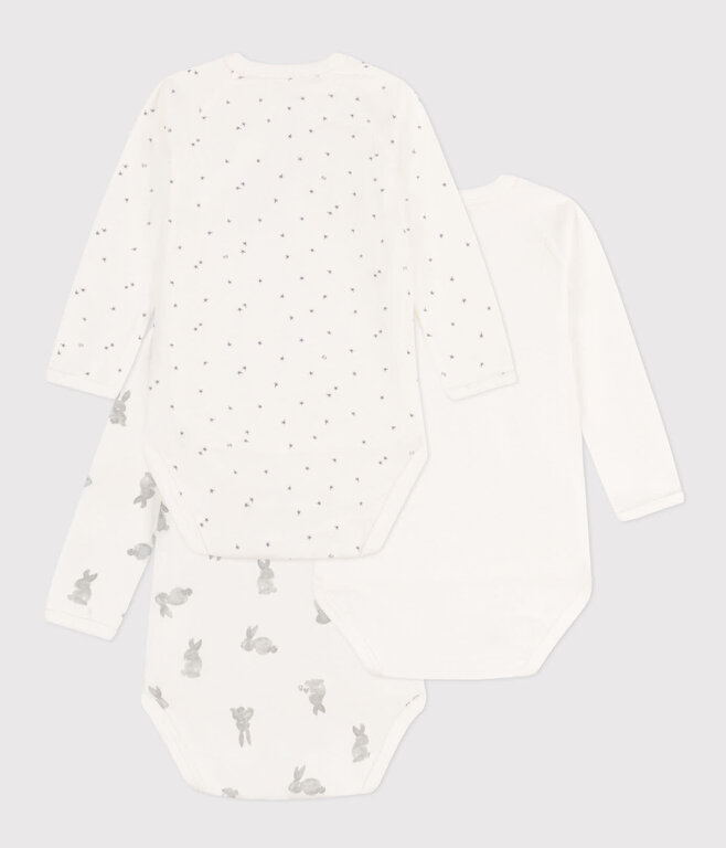 Petit Bateau Set van 3 Katoenen Gekruiste Body's met Konijn en Lange Mouwen