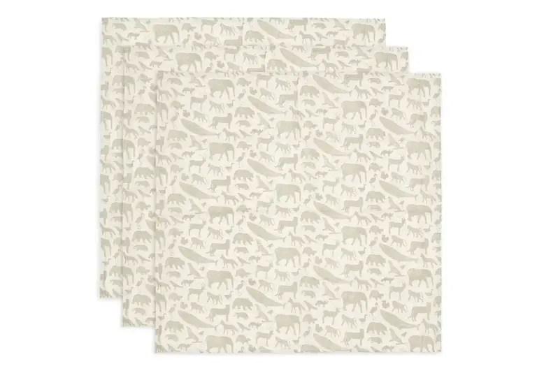 Jollein Hydrofiele Doek Small 70x70cm Animals Olive Green - 3 Stuks