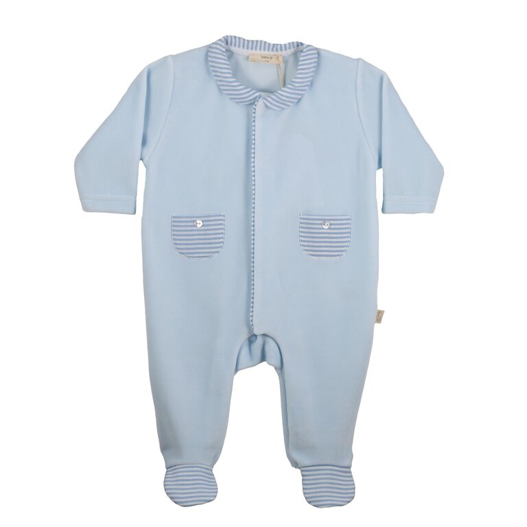 BabyGi Blue Velour Babygrow with Pockets - Blue Stripes