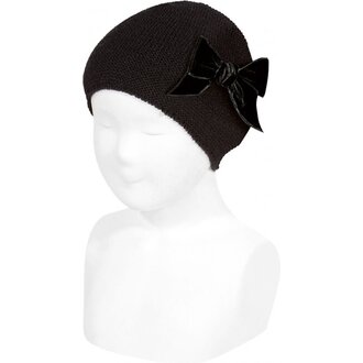 Condor Garter Stitch Knit Hat with Bow - Negro