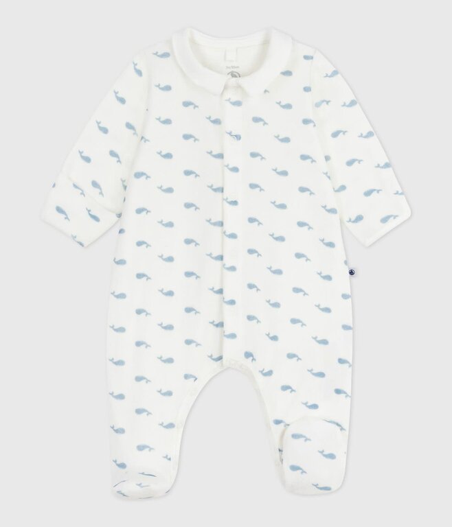 Petit Bateau Fluwelen babypyjama met kraag en walvisprint
