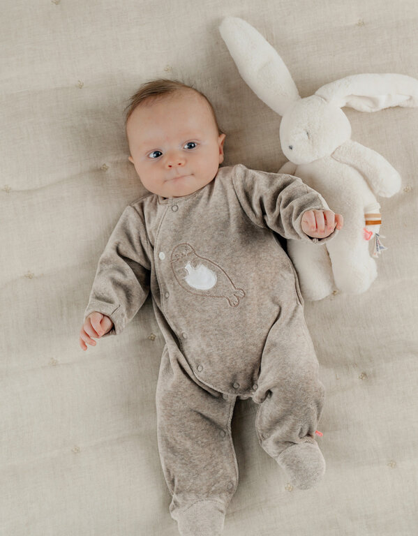 Noukie's Babypyjama van beige fluweel met geborduurde zeehond