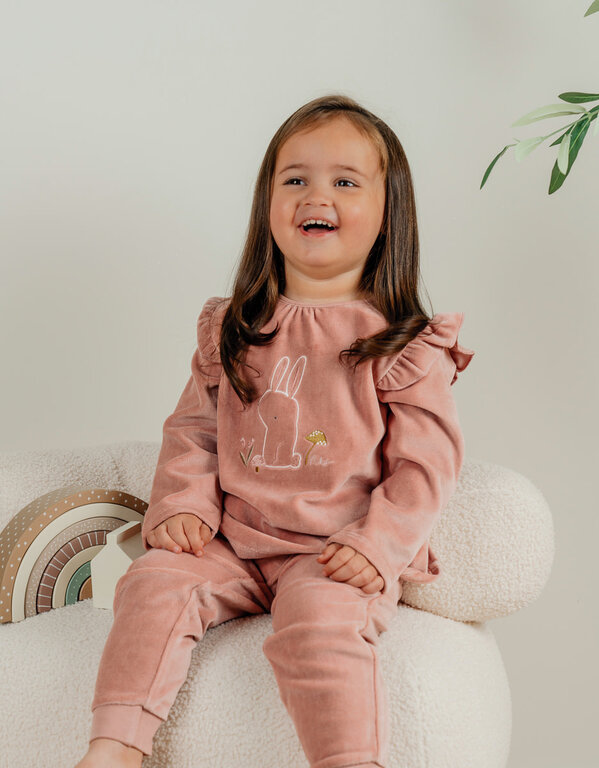 Noukie's 2-delige pyjama van roze fluweel met geborduurd konijn
