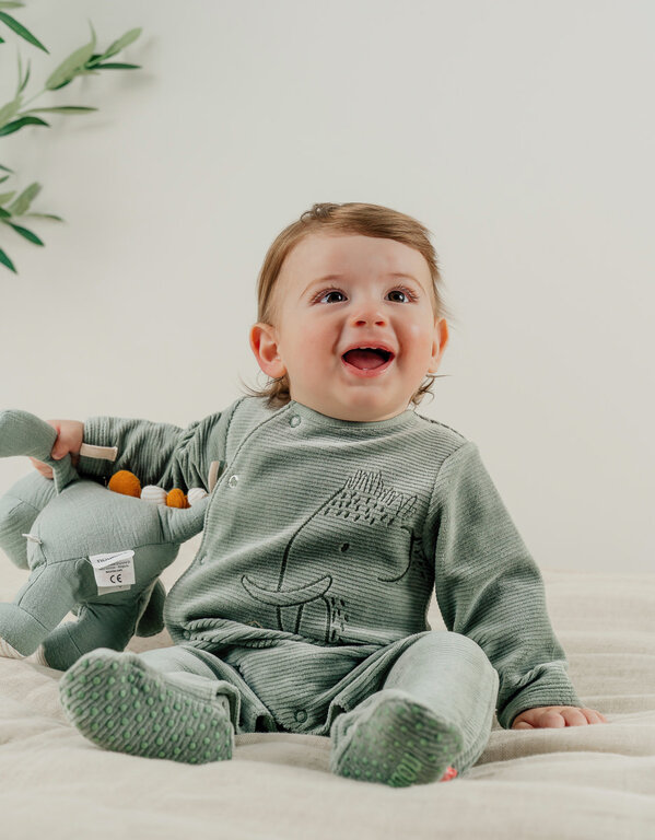 Noukie's Groene fluwelen babypyjama met olifantenborduursel