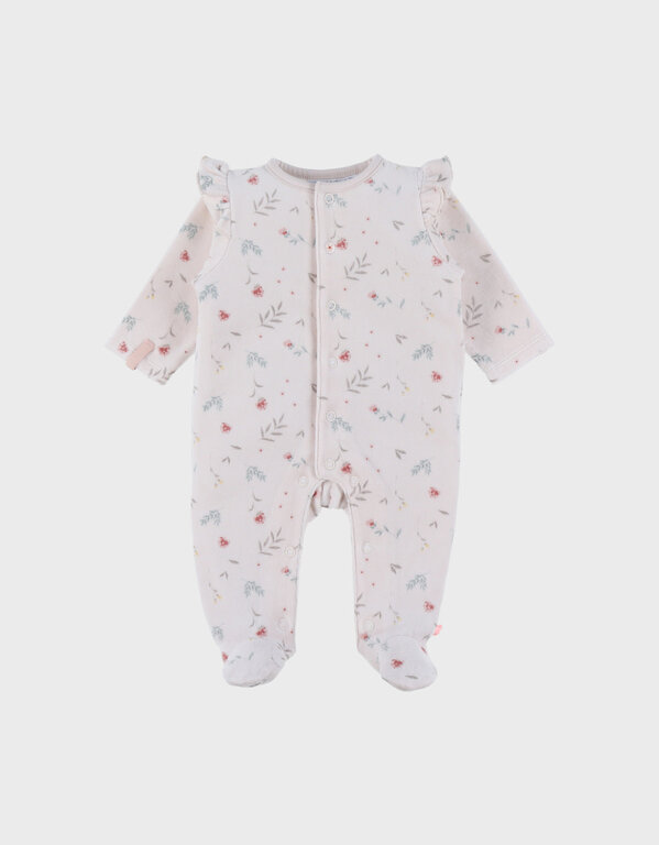 Noukie's Lichtroze fluwelen babypyjama met bloemen en ruches