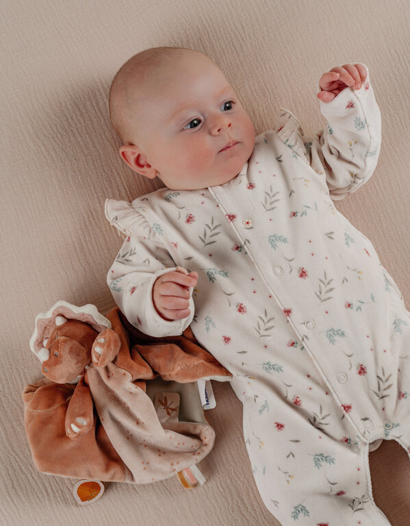 Noukie's Lichtroze fluwelen babypyjama met bloemen en ruches