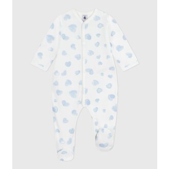 Petit Bateau Babypyjama van geruwde fleece met kraag en blauwe hartjesprint