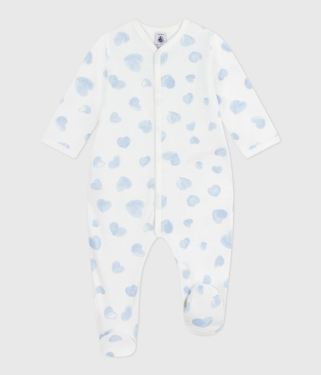 Petit Bateau Babypyjama van geruwde fleece met kraag en blauwe hartjesprint