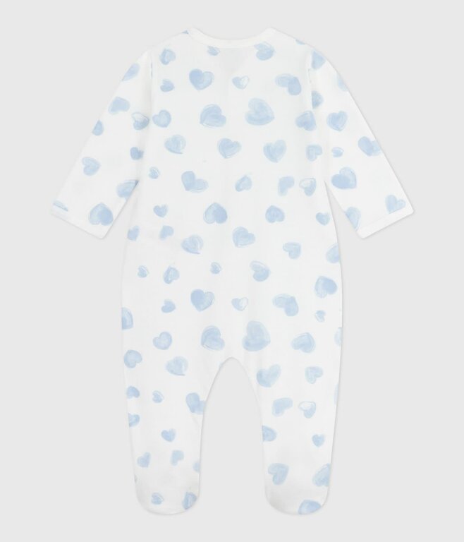 Petit Bateau Babypyjama van geruwde fleece met kraag en blauwe hartjesprint