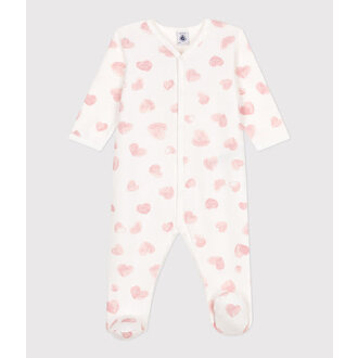 Petit Bateau Babypyjama van geruwde fleece met kraag en roze hartjesprint