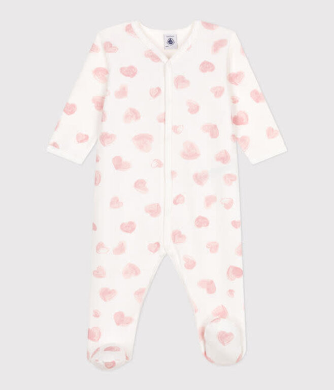 Petit Bateau Babypyjama van geruwde fleece met kraag en roze hartjesprint