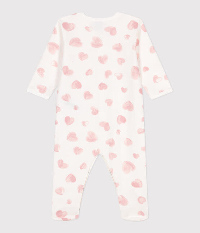 Petit Bateau Babypyjama van geruwde fleece met kraag en roze hartjesprint