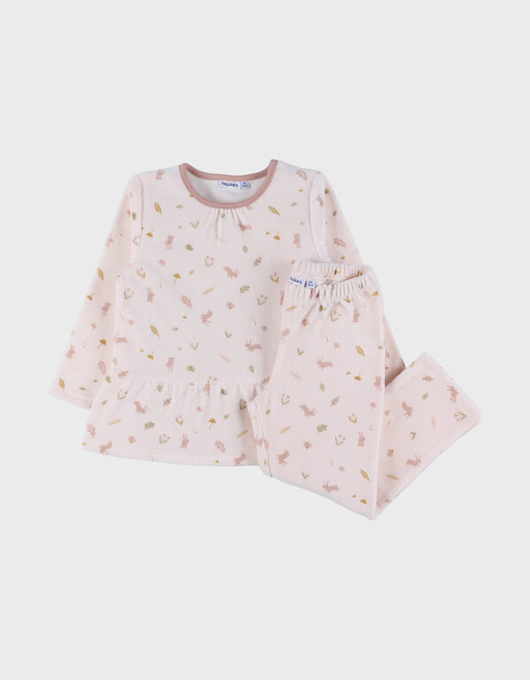 Noukie's 2-delige roze fluwelen pyjama met bloemen- en konijnenmotief