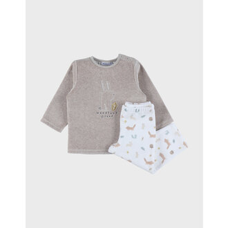 Noukie's 2-delige beige fluwelen pyjama met geborduurd konijn