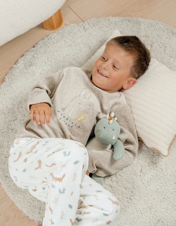 Noukie's 2-delige beige fluwelen pyjama met geborduurd konijn