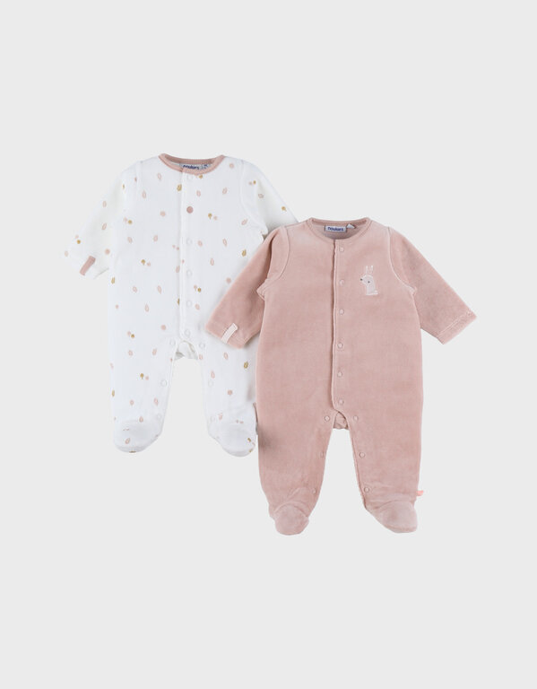 Noukie's Set van 2 geborduurde roze en witte baby fluwelen pyjama's