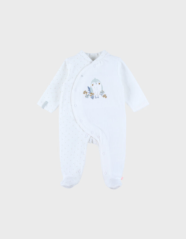 Noukie's Witte fluwelen babypyjama met geborduurde vogels