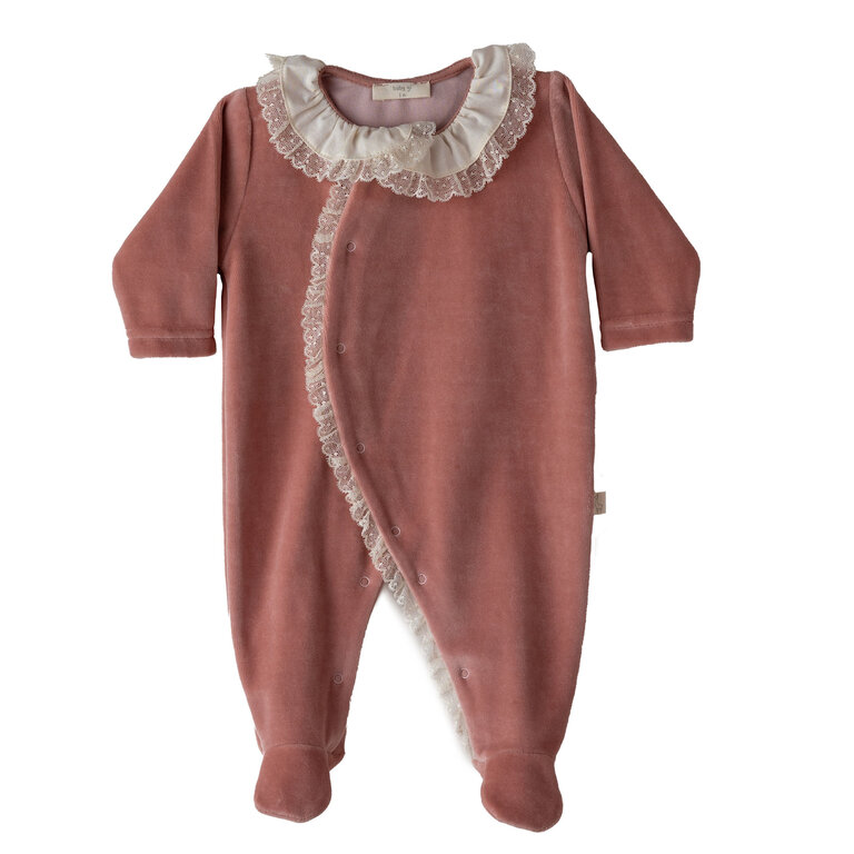 BabyGi Velour Footie with Lace - Old Rose