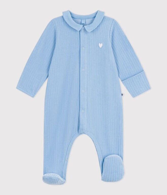 Petit Bateau Fluwelen babypyjama met effen kraag blauw